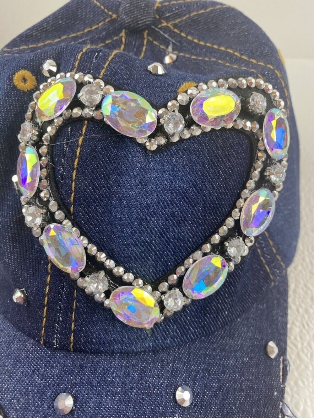 Denim Sparkle Hat Rhinestone Heart Bling Embellished Adjustable Frayed Cap - Picture 7 of 13